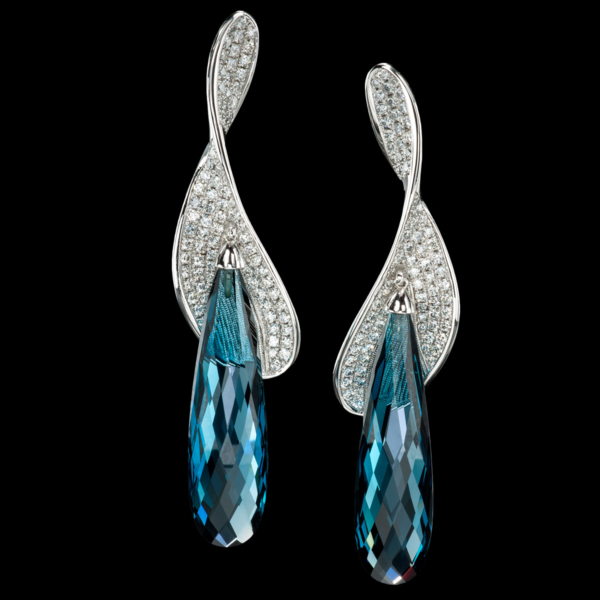 Blue Topaz, Diamond & Gold Earrings | Vortice | Couture by Adam Neeley