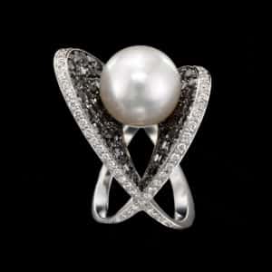 South Sea Pearl Black & White Diamond Cocktail Ring, Moonlight and Caviar