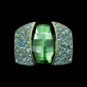 Iris Green Tourmaline Ring with Aquamarine