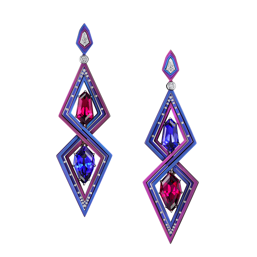 AGTA Spectrum Awards 2024 | Tanzanite, Garnet, Diamond, Titanium, White Gold Earrings | Cromatica